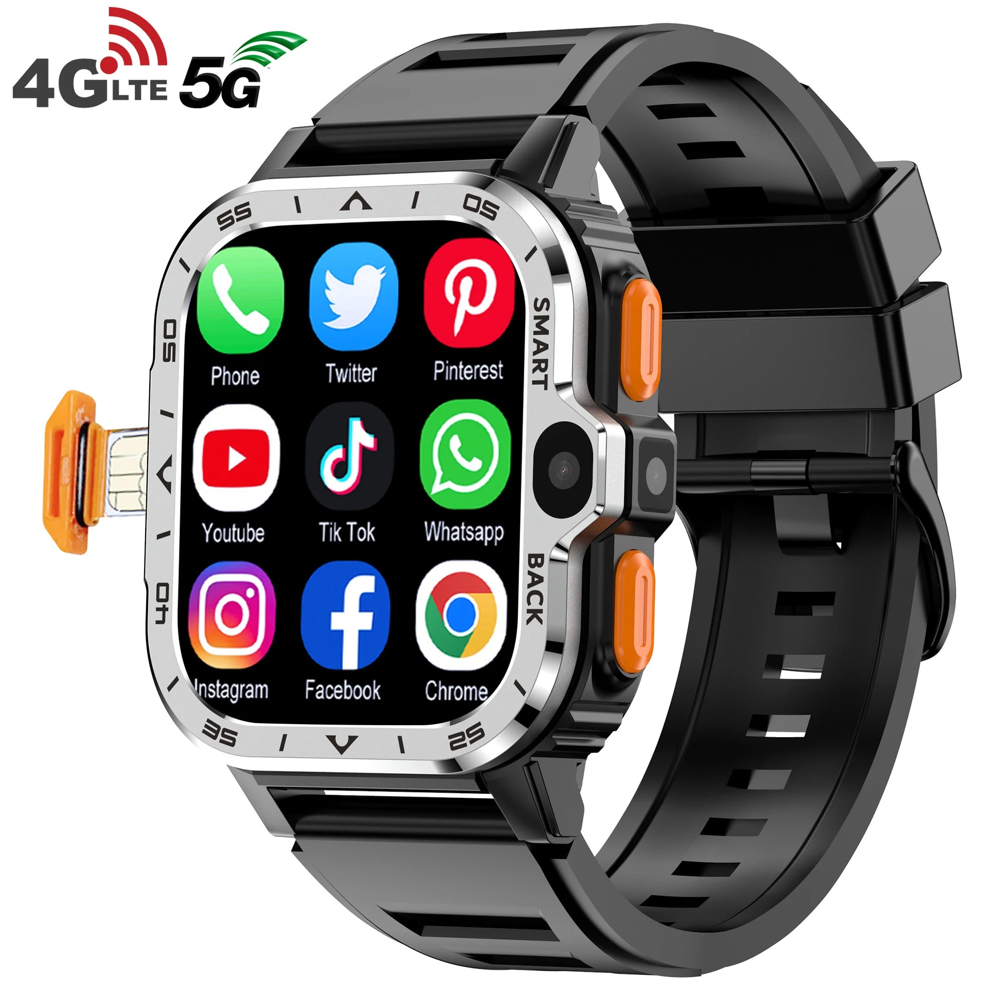 Smartwatch with app icons on the display, featuring 4G LTE and 5G connectivity.