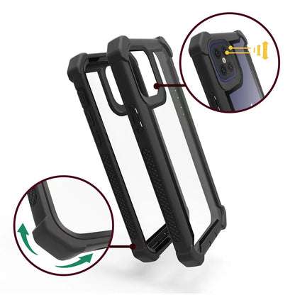 A green and black iPhone case designed to provide shockproof protection, featuring a clear back panel and green edging.