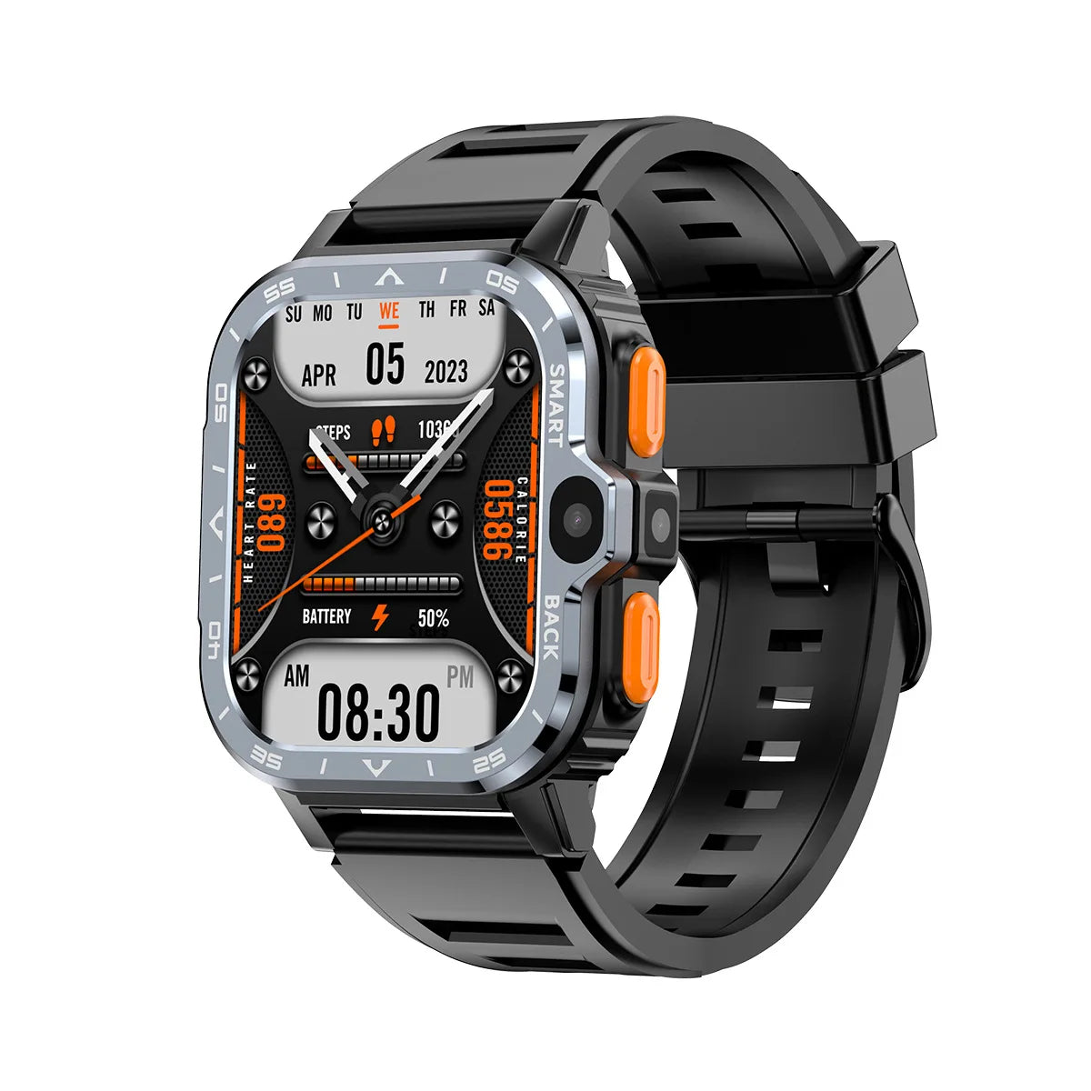Smartwatch with a black band and orange accents on a white background