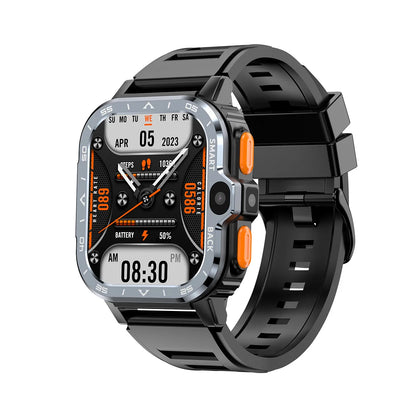 Smartwatch with a black band and orange accents on a white background