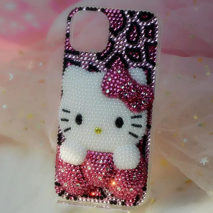 A collection of iPhone cases and accessories with Hello Kitty design, predominantly in pink and other colors, adorned with sequins and crystals.