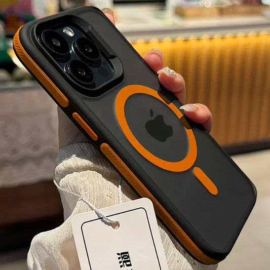 A hand holding a black and orange iPhone case with a visible Apple logo on the back.