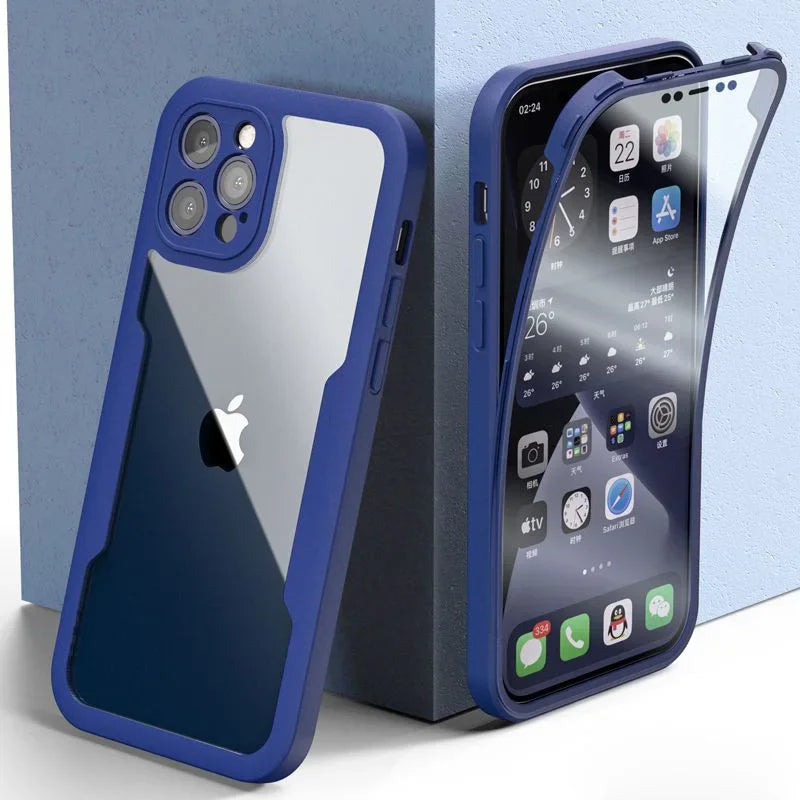 A blue iPhone case with a clear back, showcasing the iPhone's camera and buttons, placed against a blue background.