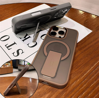 Phone case with stand feature on a wooden surface