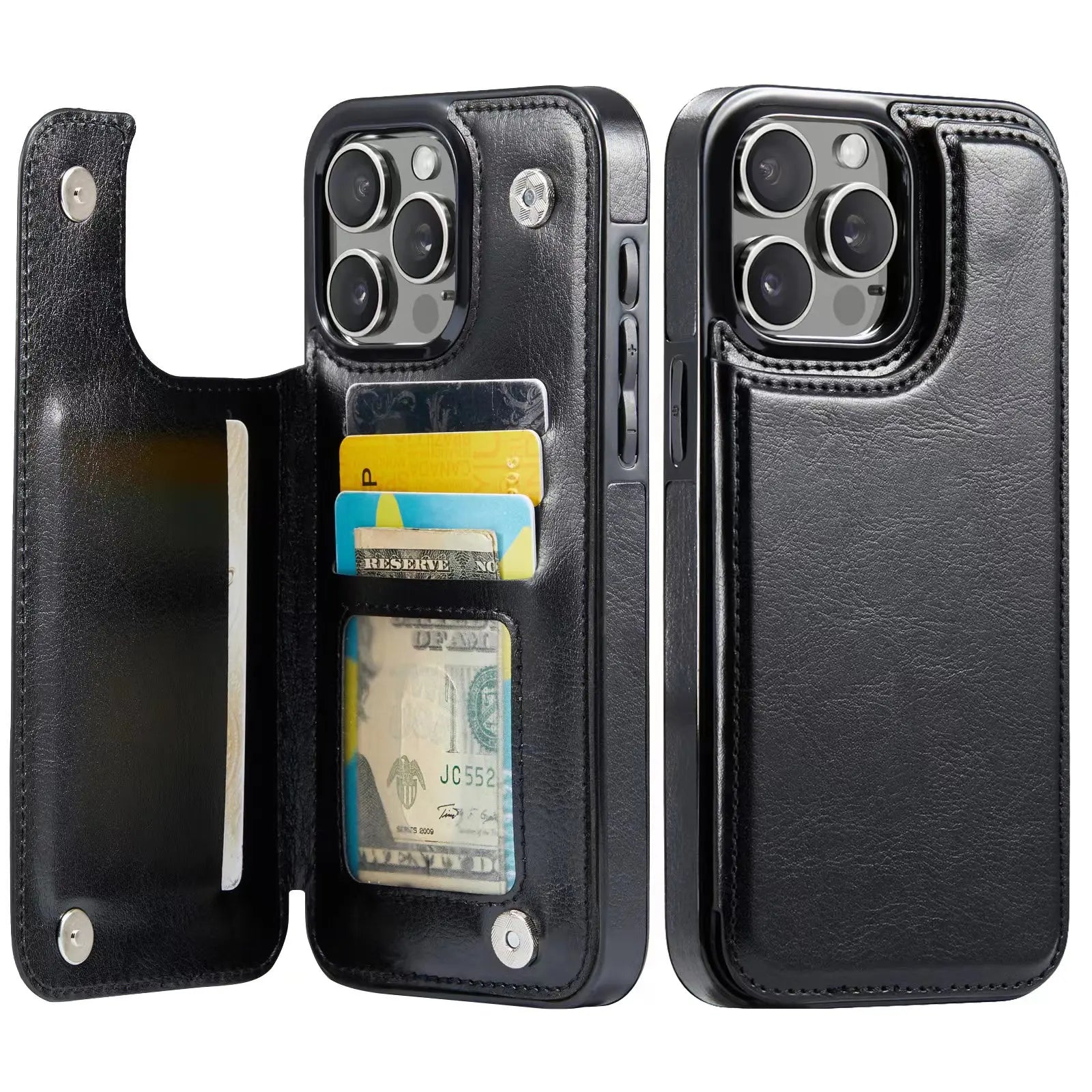 A black iPhone case with a built-in card holder mechanism displayed open to show the card slots, and closed to show the back design.