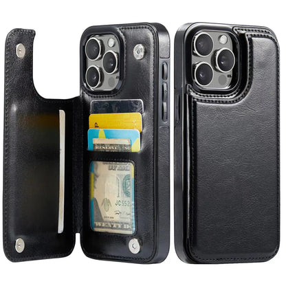 A black iPhone case with a built-in card holder mechanism displayed open to show the card slots, and closed to show the back design.