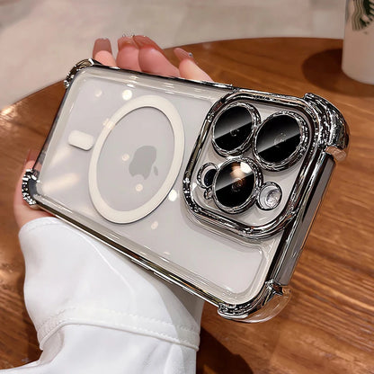 Clear phone case with metallic trim held by a person on a wooden table