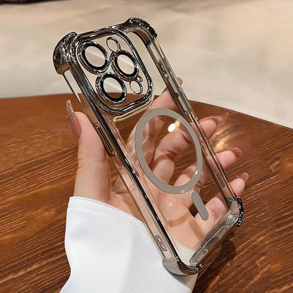 Clear phone case with reflective surface held by a hand on a wooden surface