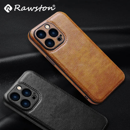 This image features two iPhone cases from the brand Rawson. The cases are designed to provide a soft and protective covering for the iPhone, crafted from high-quality leather.