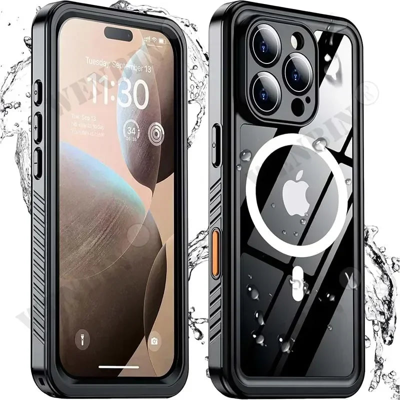 Phone case with Apple logo and water droplets on a white background
