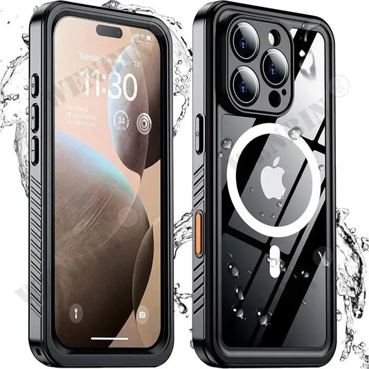 Phone case with Apple logo and water droplets on a white background