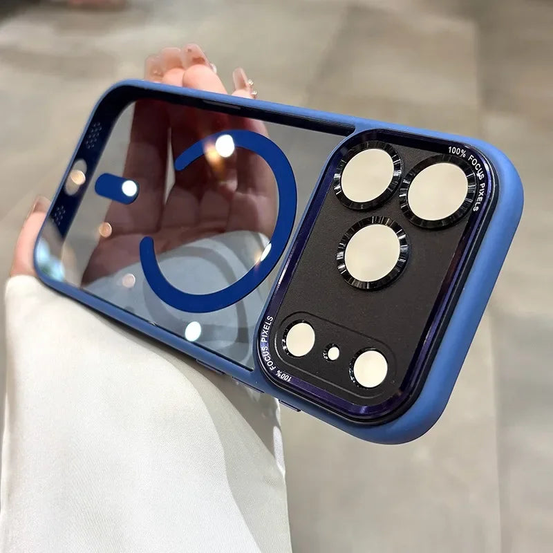 Phone case with blue border and black back held by a person