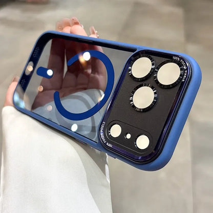 Phone case with blue border and black back held by a person