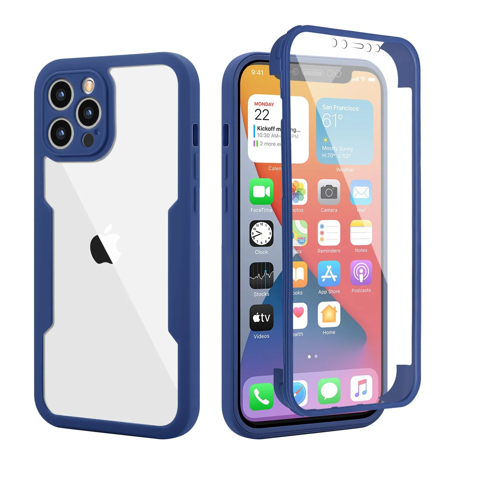 iPhone case with a clear back, showcasing the iPhone's camera and buttons, placed against a blue background.