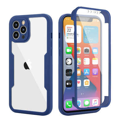 iPhone case with a clear back, showcasing the iPhone's camera and buttons, placed against a blue background.