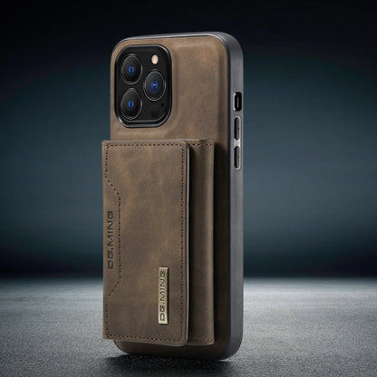 Brown phone case with card holder on a dark background