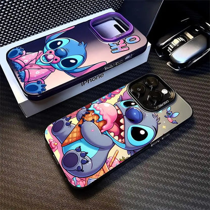 Two plastic phone cases for iPhone with cartoon character designs. One case features a character in pink attire with a text bubble saying 'ouch', and the other case depicts a character with a large mouth holding an ice cream cone.