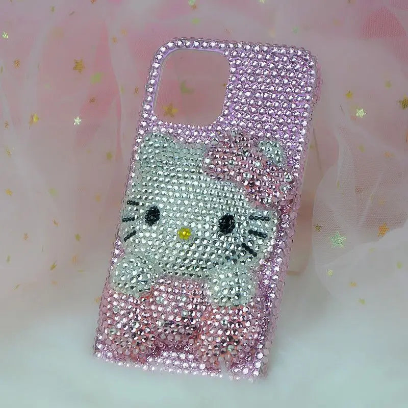 A collection of iPhone cases and accessories with Hello Kitty design, predominantly in pink and other colors, adorned with sequins and crystals.