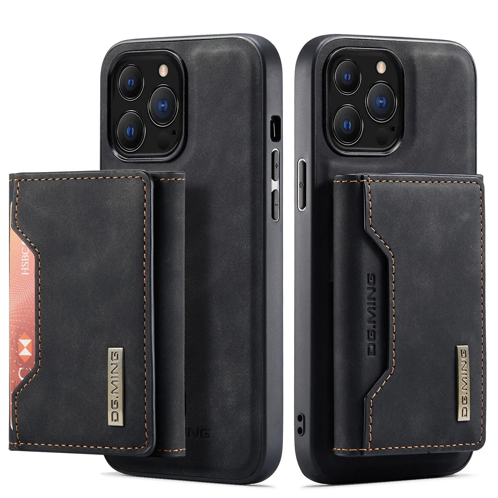 Black phone case with card holder and brand logo on a white background